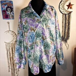Vintage 90s Lea Mae Watercolor Floral Satin Blouse - Pastel Fairycore (L)